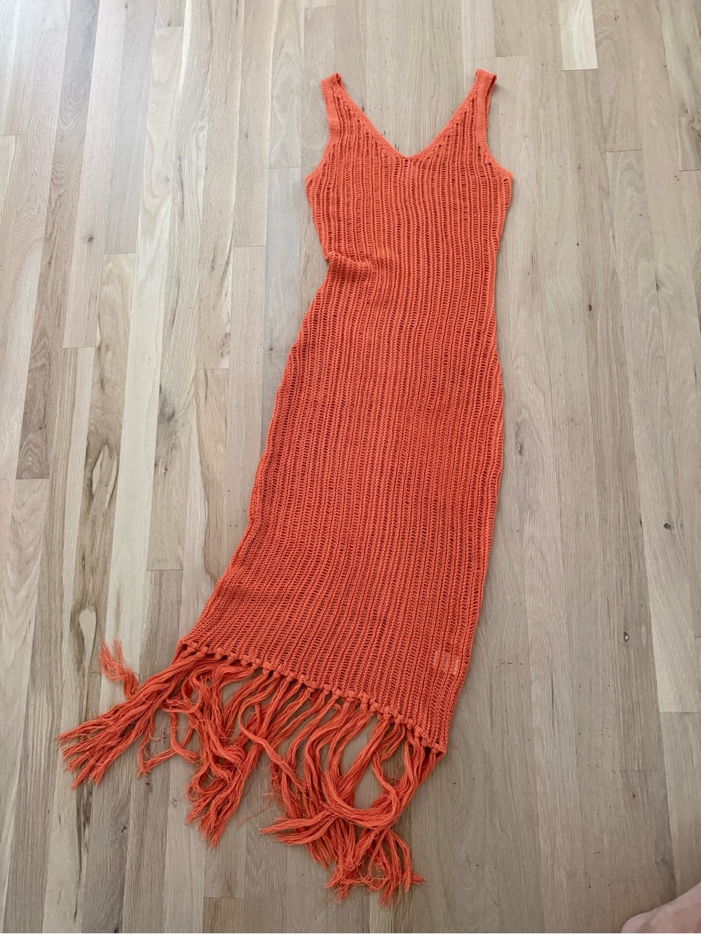 Vici Bright Orange Knit Fringe Midi Beach Coverup